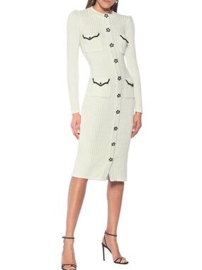 Self-Portrait Cream Ribbed Button-Down Midi Dress